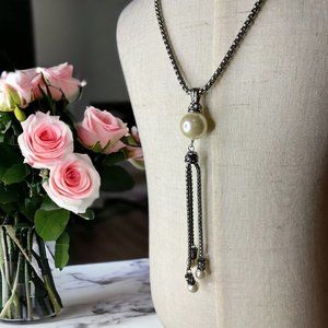 Brighton Yurmen Style Bolo Pearl Silver Tone Necklace Y Drop Crystals Unsigned